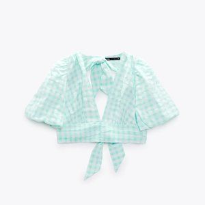 Zara Textured Gingham Top Turquoise